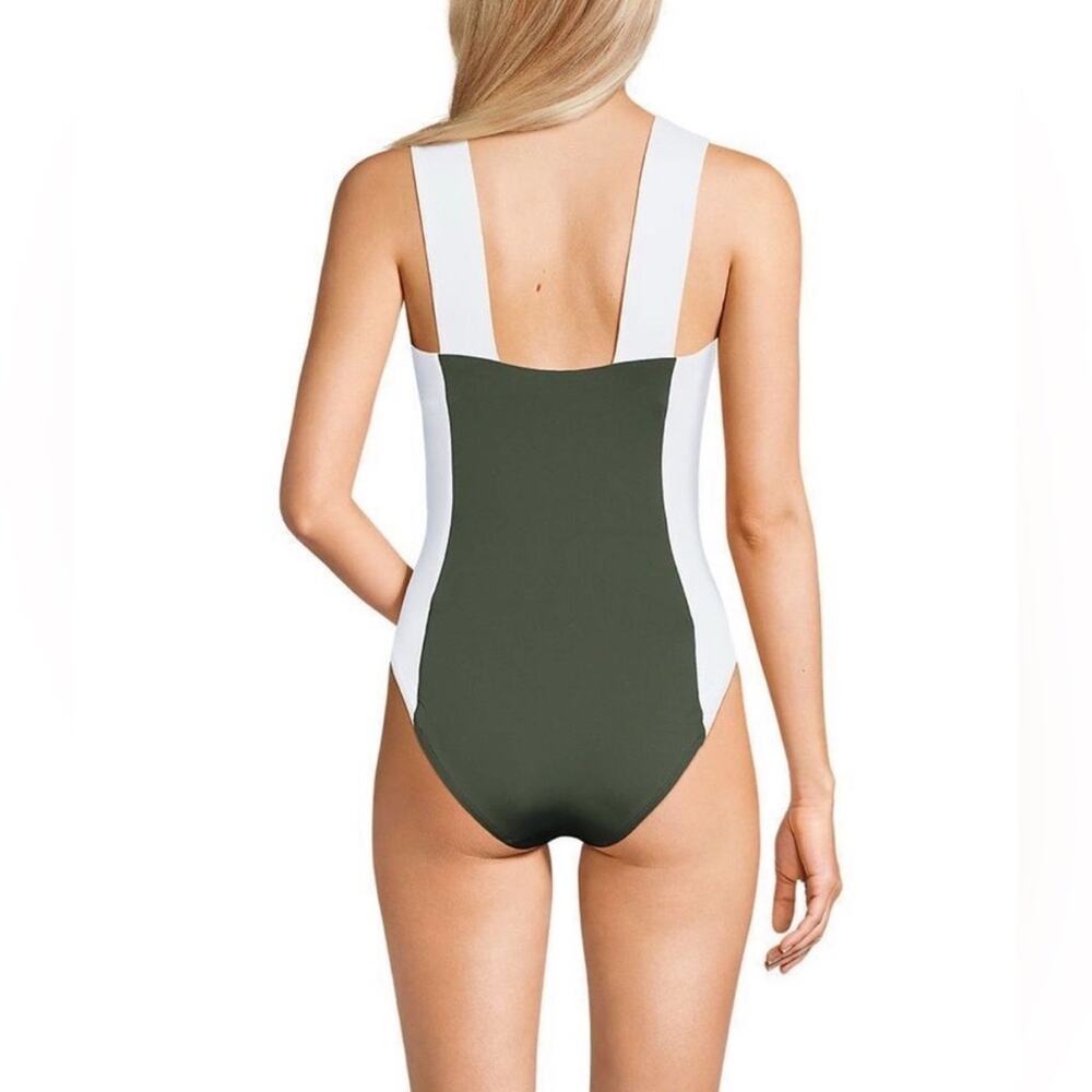 NEW Lands' End Square Neck High Leg Olive Green and White One Piece Swimsuit 16 - Picture 3 of 13